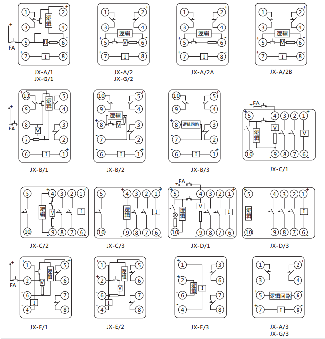 JX-D/3靜態(tài)信號(hào)繼電器內(nèi)部接線(xiàn)及外引接線(xiàn)圖（正視圖）